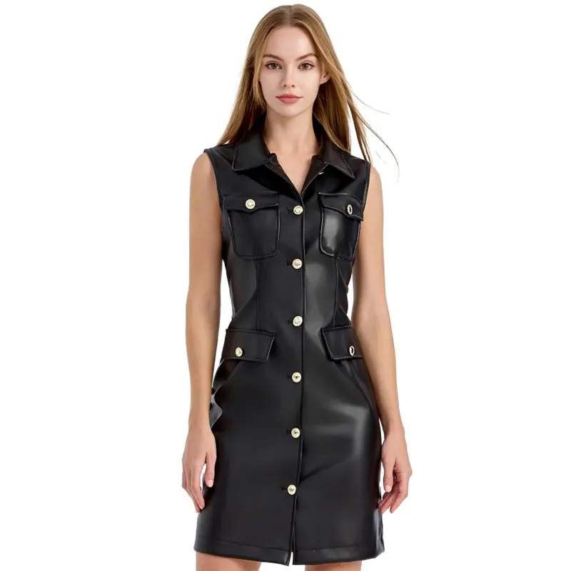 Vestido midi de couro PU abotoado