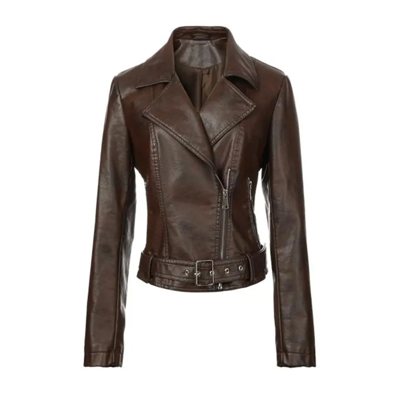 Vintage Faux Leather Biker Jacket with Belt