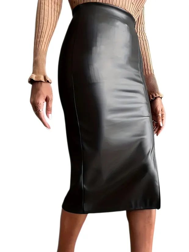 Solid Slit PU Leather Midi Skirt